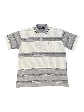 VTG Polo Ralph Lauren Men's Striped Polo Shirt Large Gray White Aztec Geometric